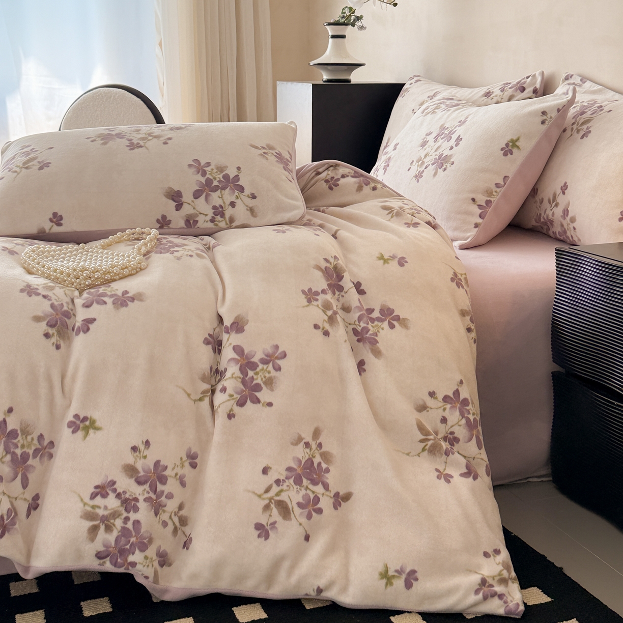 91家纺网 家纺一手货源 找家纺 典曼家纺 2025新款印花海獭绒加厚保暖四件套 紫藤花