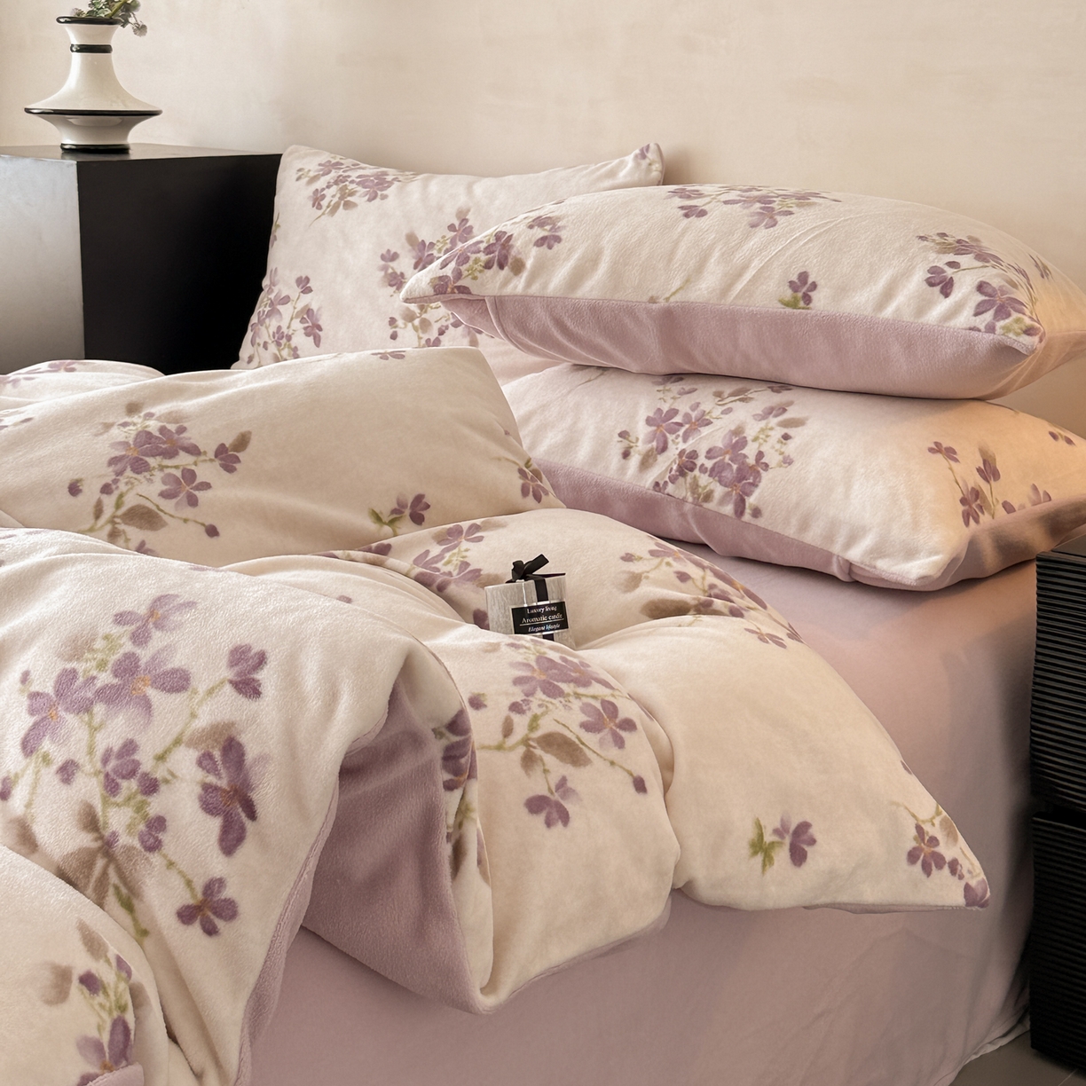 91家纺网 家纺一手货源 找家纺 典曼家纺 2025新款印花海獭绒加厚保暖四件套 紫藤花