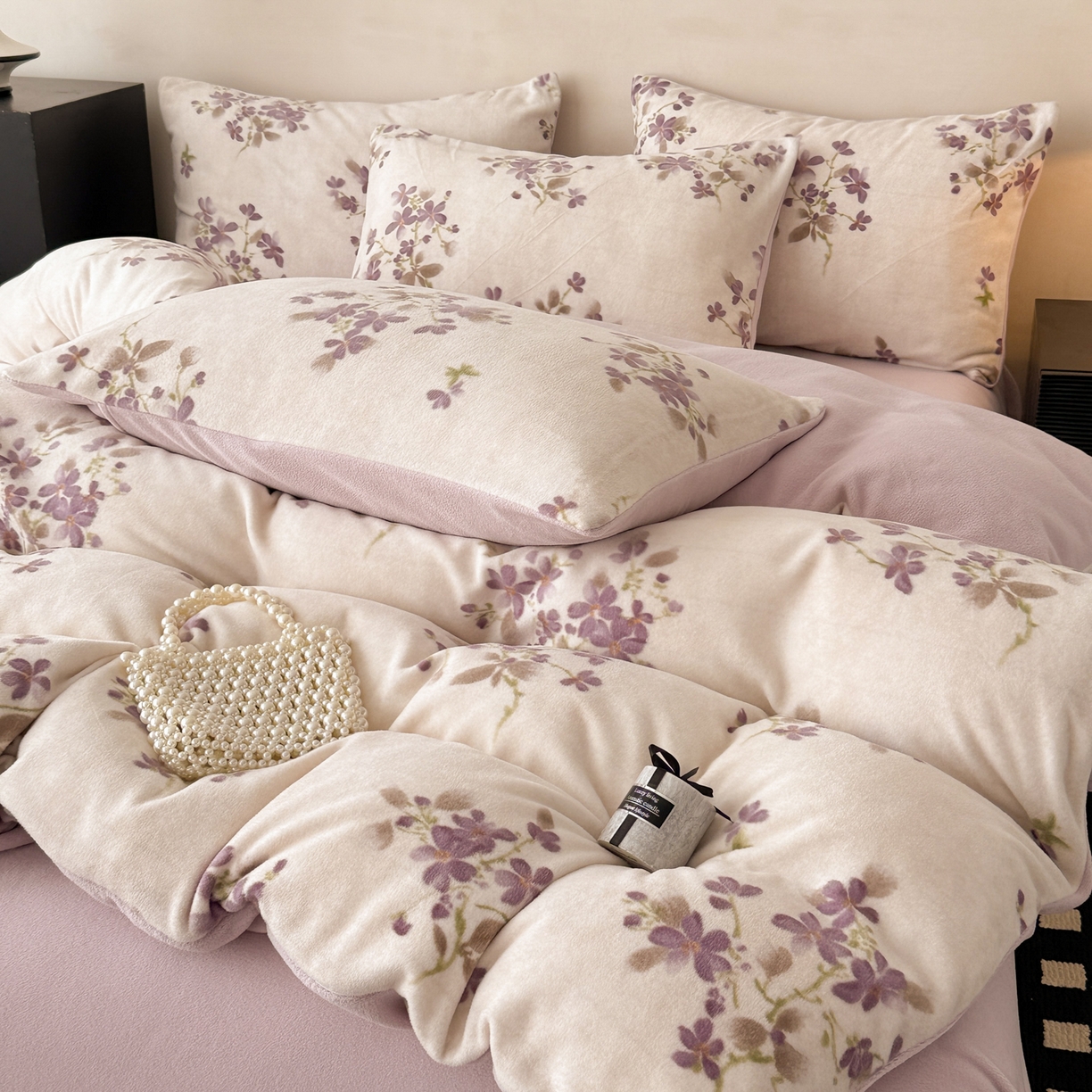 91家纺网 家纺一手货源 找家纺 典曼家纺 2025新款印花海獭绒加厚保暖四件套 紫藤花