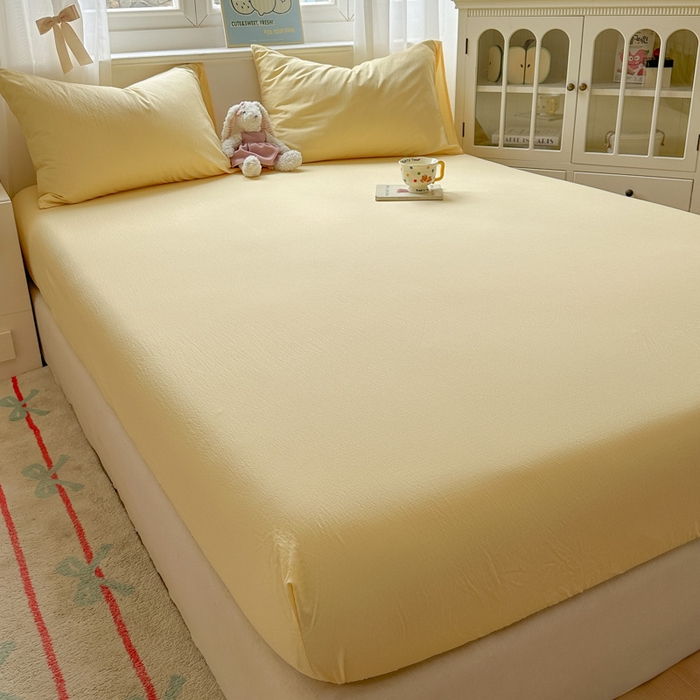 91家纺网 家纺一手货源 找家纺 花伞家居 2025新款A类高克重云感木棉双层纱单床笠（提供买家秀） 茉莉黄