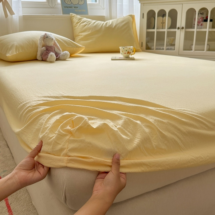 91家纺网 家纺一手货源 找家纺 花伞家居 2025新款A类高克重云感木棉双层纱单床笠（提供买家秀） 茉莉黄