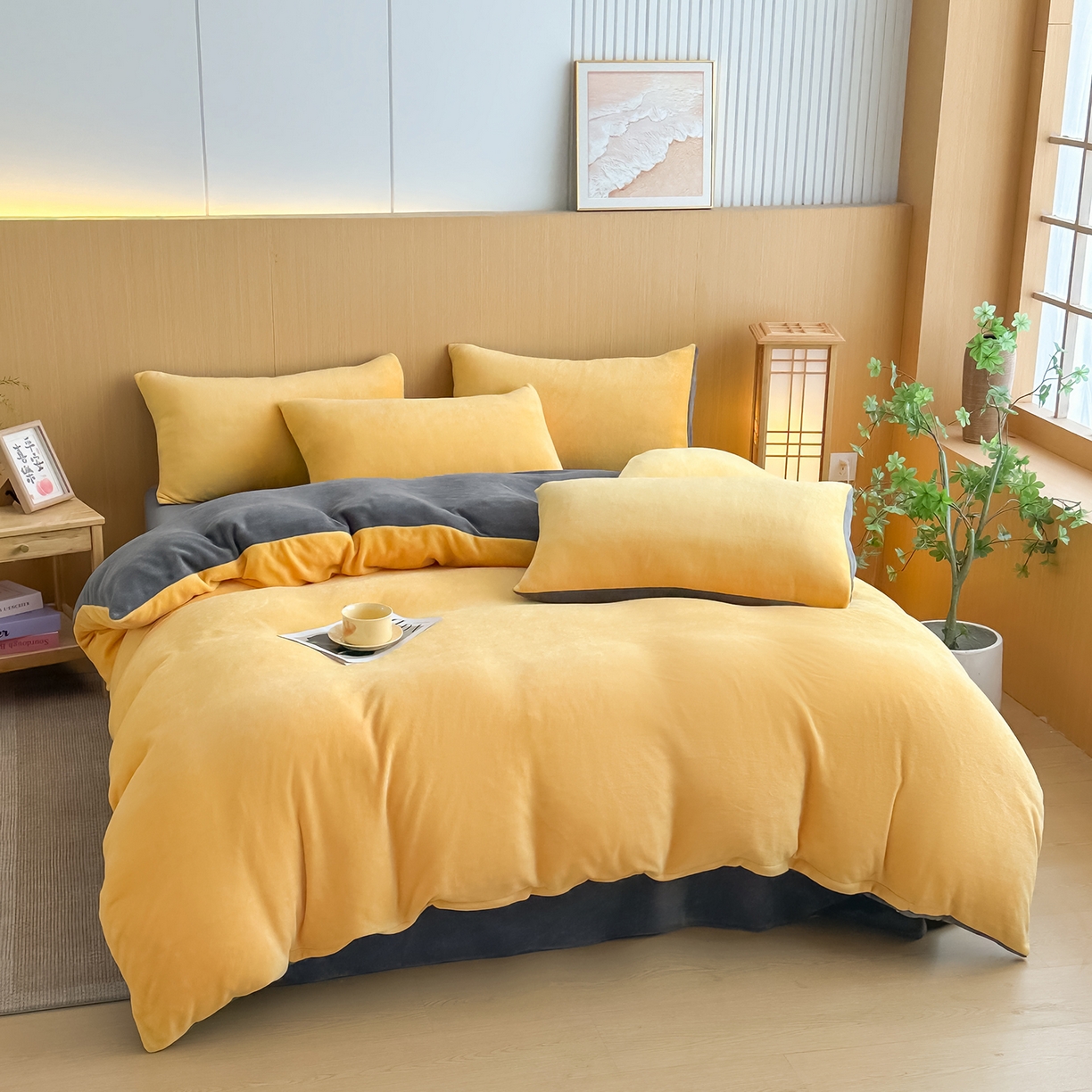 91家纺网 家纺一手货源 找家纺 小懒猪 2025新款220克A类牛奶绒纯色双拼四件套（提供买家秀） 芒果灰