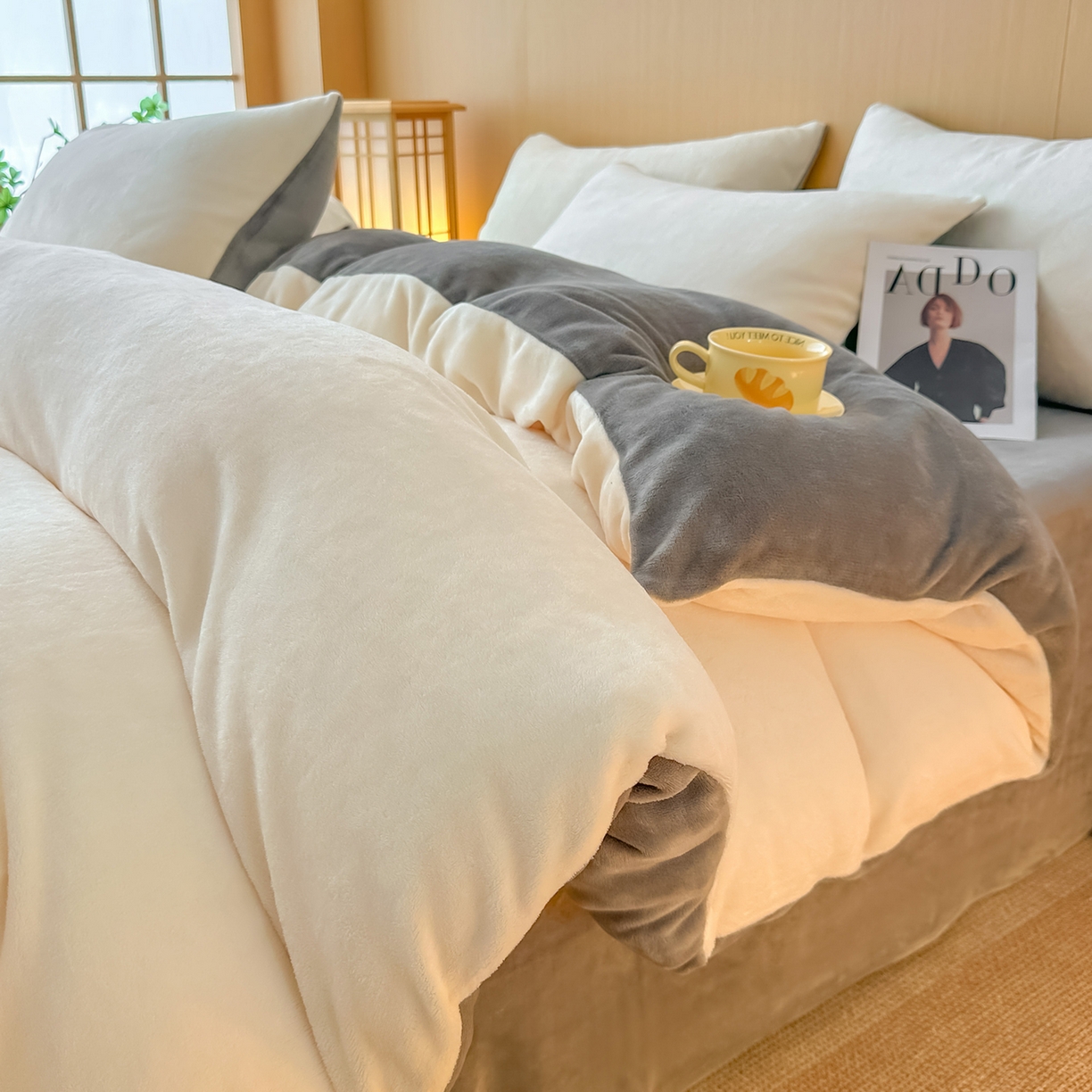 小懒猪 2025新款220克A类牛奶绒纯色双拼四件套（提供买家秀） 奶白钛灰