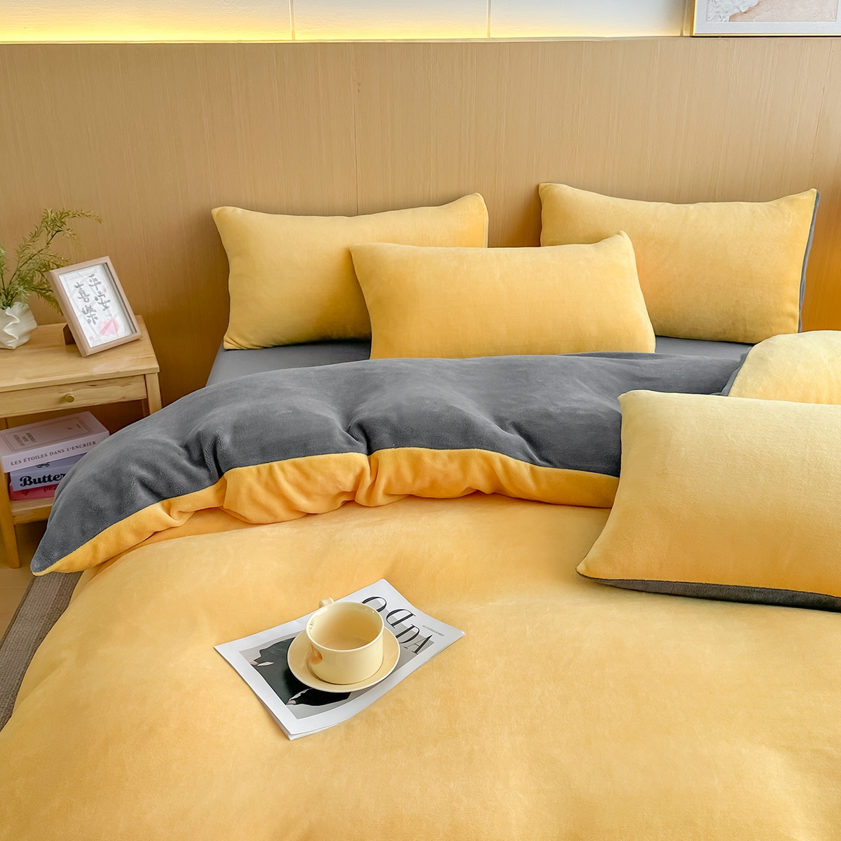 91家纺网 家纺一手货源 找家纺 小懒猪 2025新款220克A类牛奶绒纯色双拼四件套（提供买家秀） 芒果灰