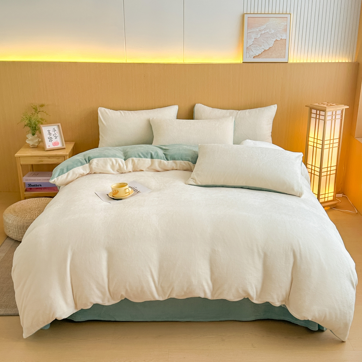 91家纺网 家纺一手货源 找家纺 小懒猪 2025新款220克A类牛奶绒纯色双拼四件套（提供买家秀） 奶白绿