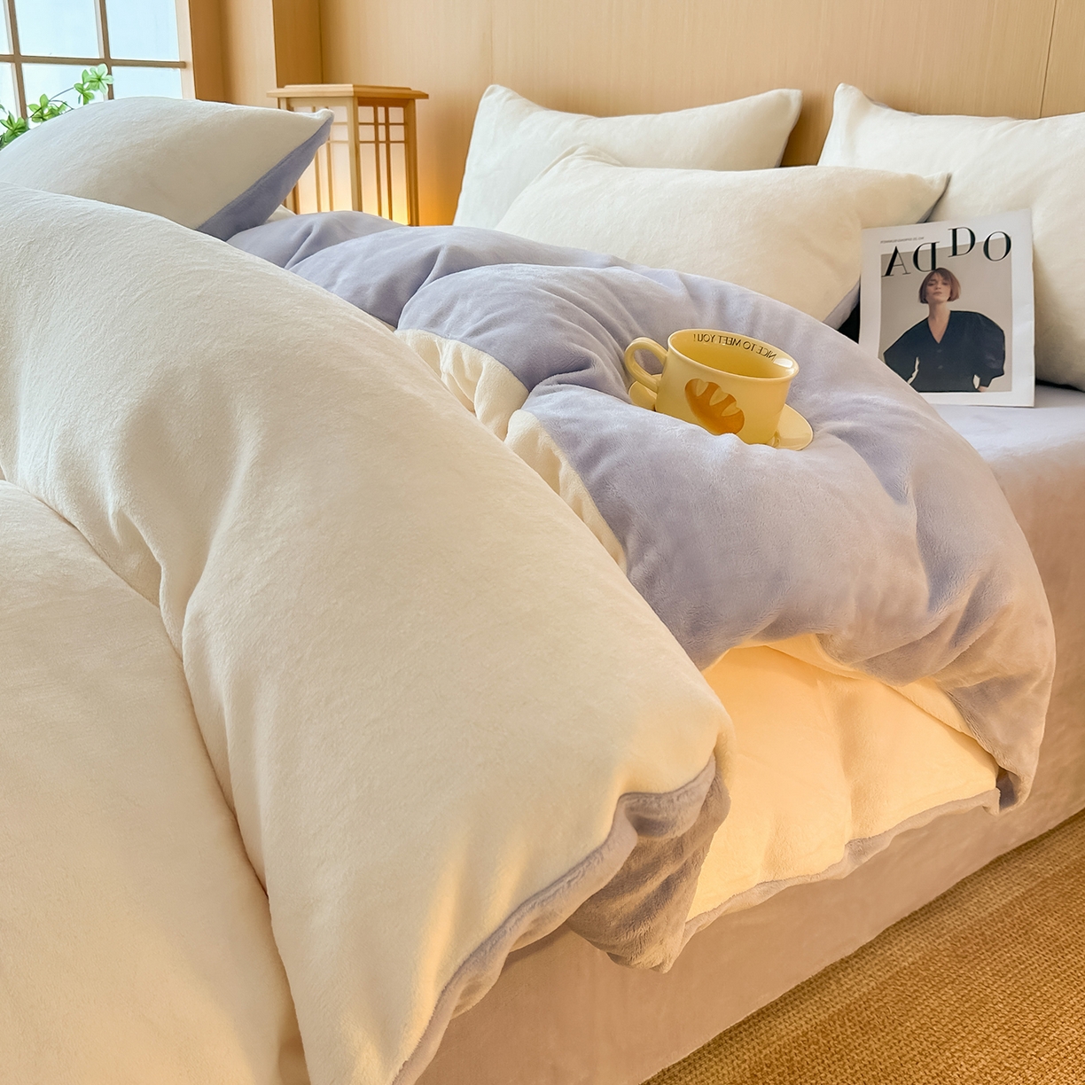 小懒猪 2025新款220克A类牛奶绒纯色双拼四件套（提供买家秀） 奶白紫