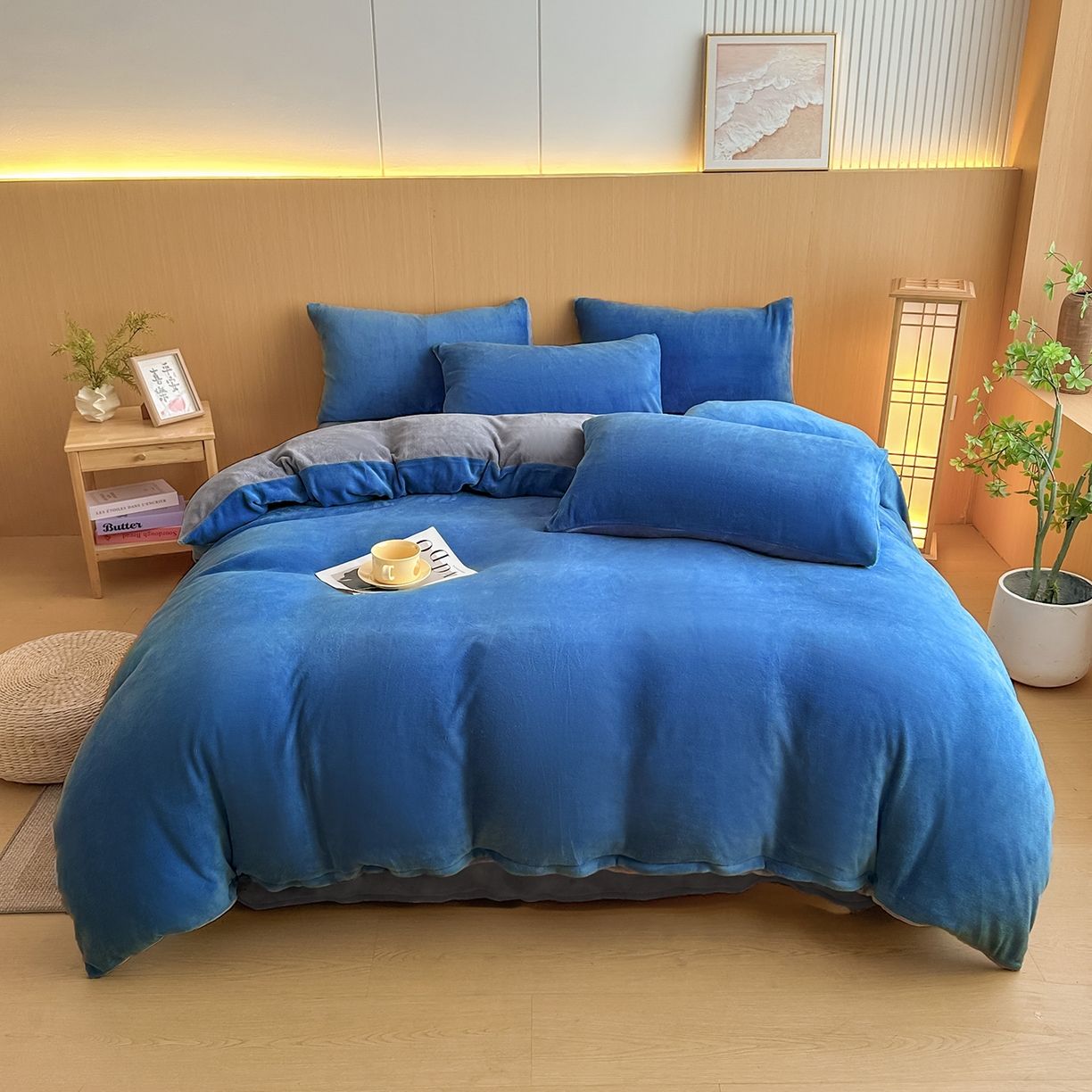 91家纺网 家纺一手货源 找家纺 小懒猪 2025新款220克A类牛奶绒纯色双拼四件套（提供买家秀） 深蓝钛灰