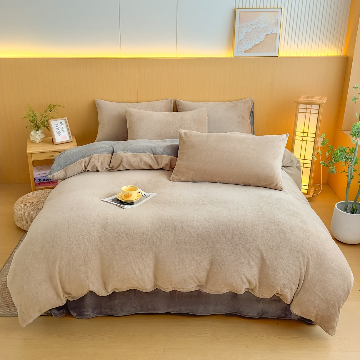 91家纺网 家纺一手货源 找家纺 小懒猪 2025新款220克A类牛奶绒纯色双拼四件套（提供买家秀） 咖钛灰