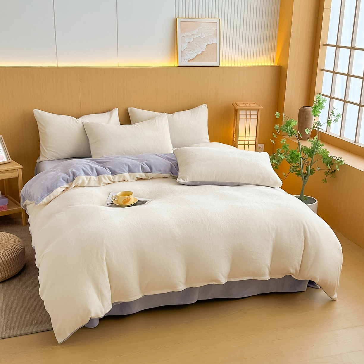 91家纺网 家纺一手货源 找家纺 小懒猪 2025新款220克A类牛奶绒纯色双拼四件套（提供买家秀） 奶白紫