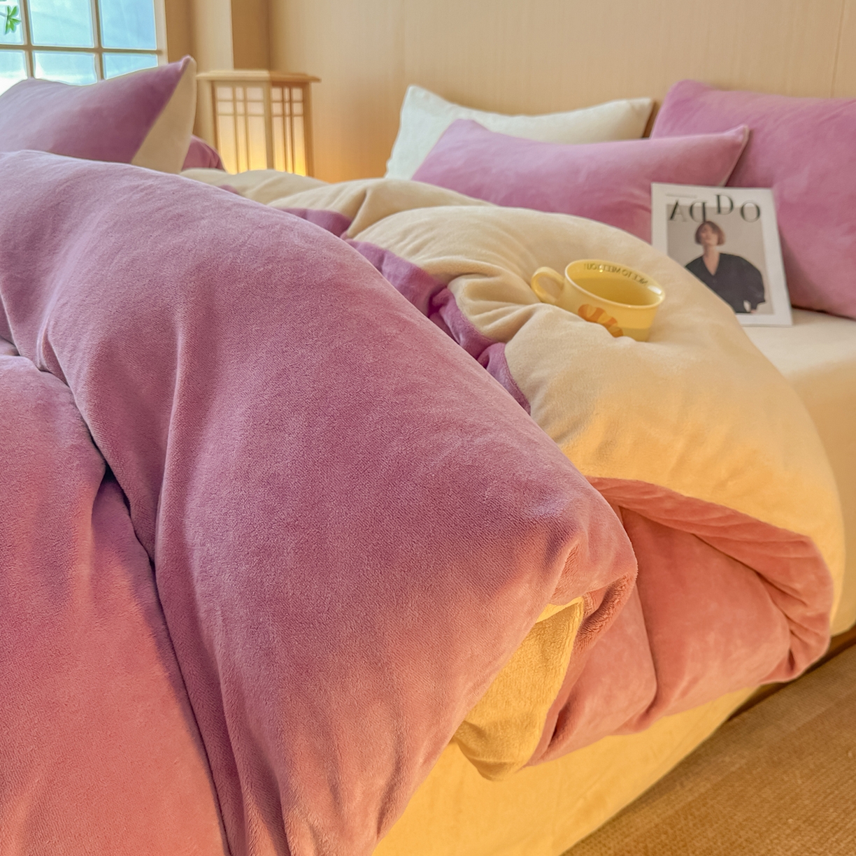 小懒猪 2025新款220克A类牛奶绒纯色双拼四件套（提供买家秀） 紫粉咖