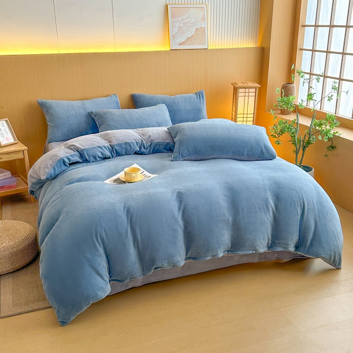 91家纺网 家纺一手货源 找家纺 小懒猪 2025新款220克A类牛奶绒纯色双拼四件套（提供买家秀） 蓝灰