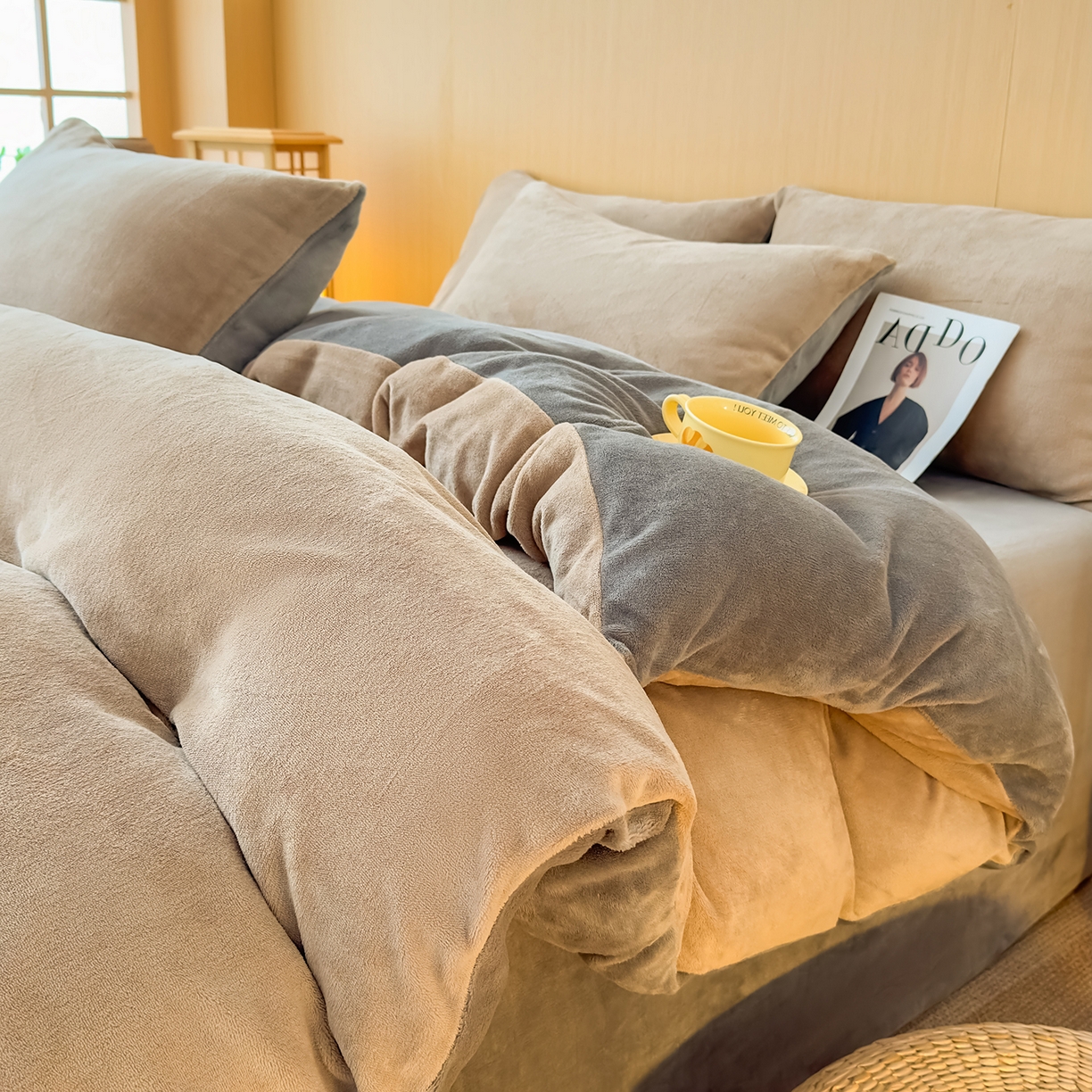 小懒猪 2025新款220克A类牛奶绒纯色双拼四件套（提供买家秀） 咖钛灰