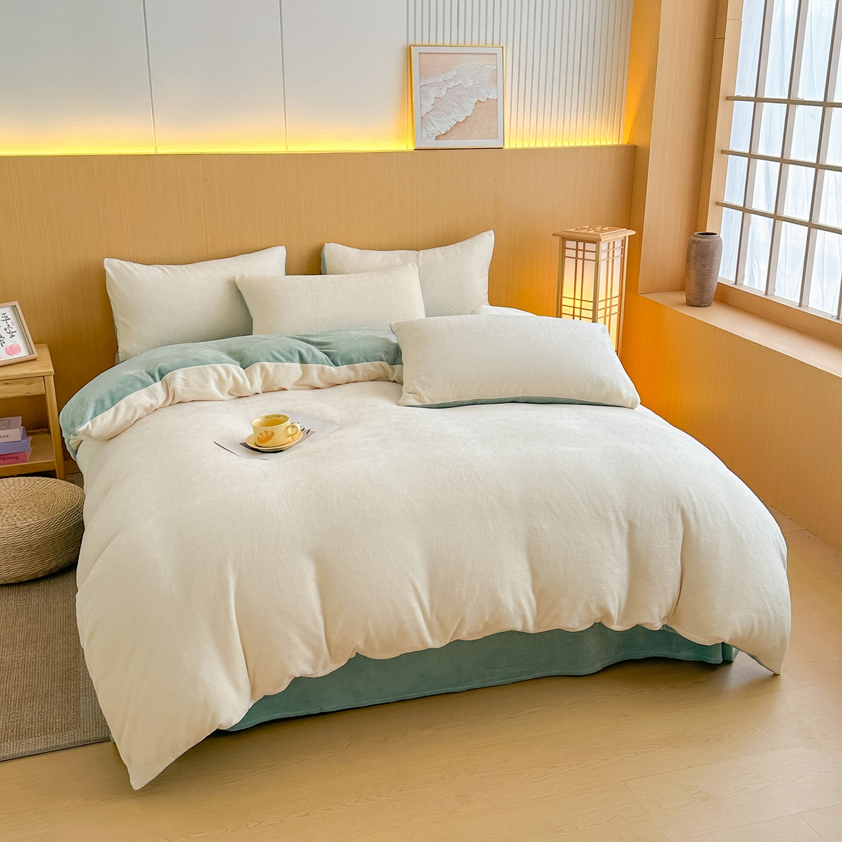 91家纺网 家纺一手货源 找家纺 小懒猪 2025新款220克A类牛奶绒纯色双拼四件套（提供买家秀） 奶白绿