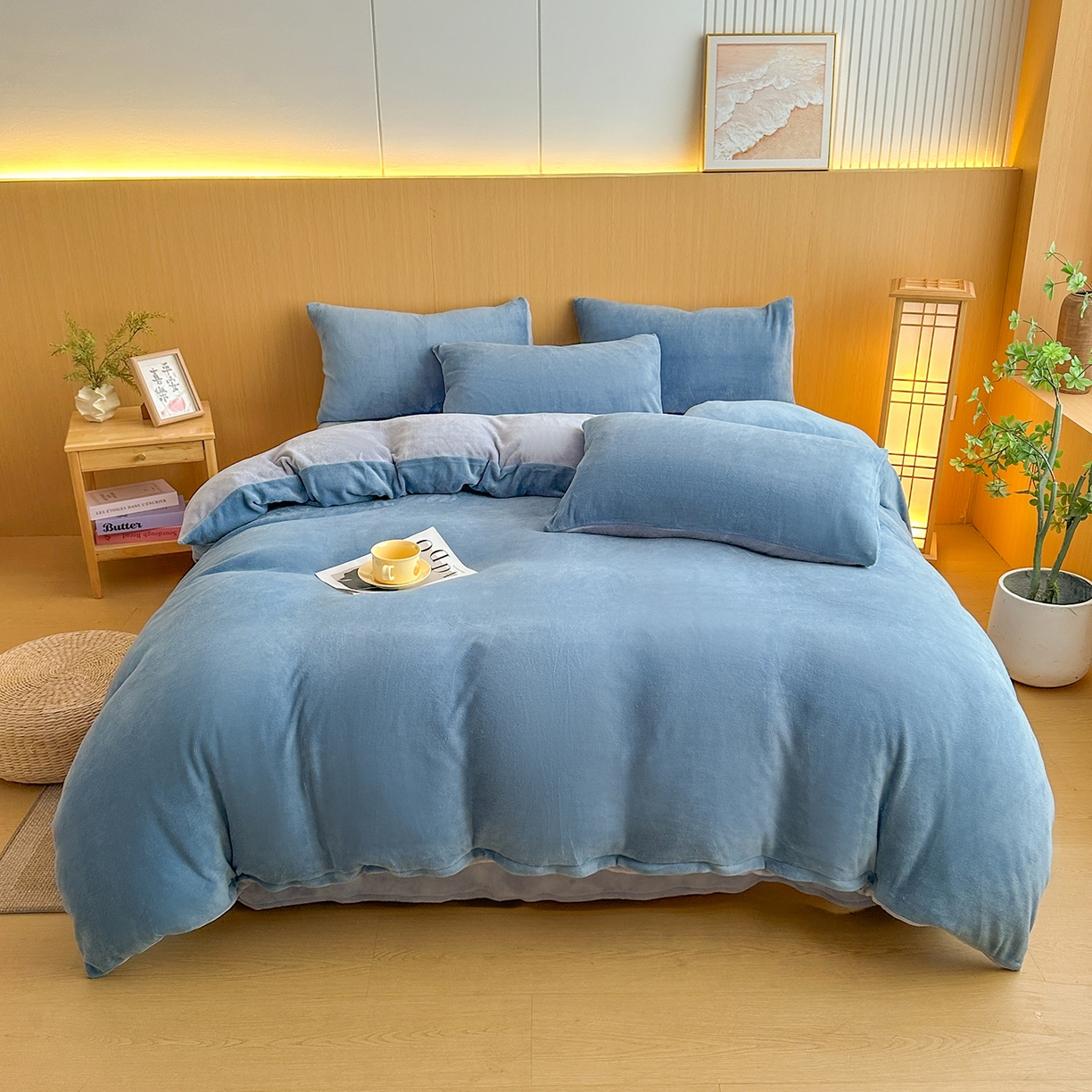 91家纺网 家纺一手货源 找家纺 小懒猪 2025新款220克A类牛奶绒纯色双拼四件套（提供买家秀） 蓝灰