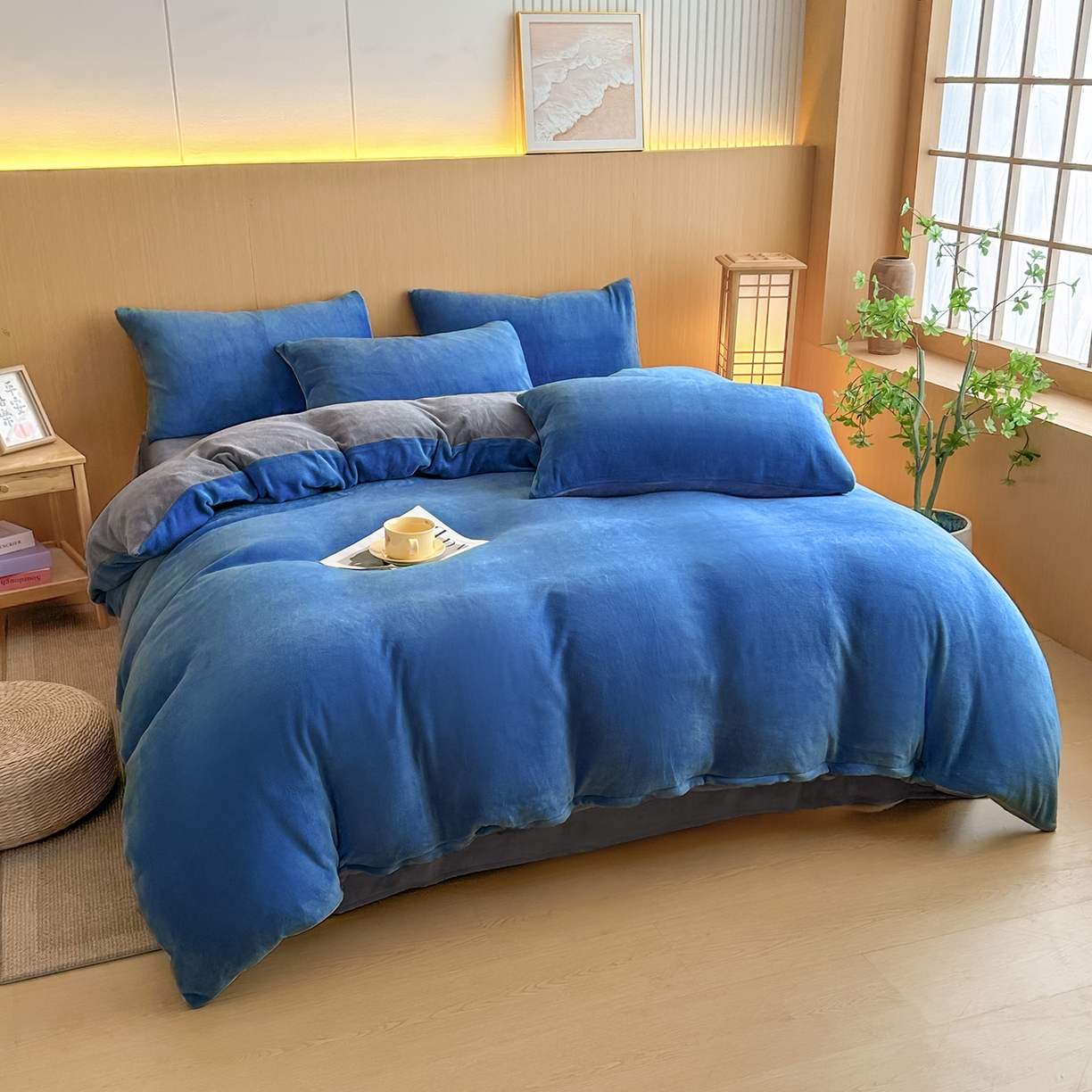 91家纺网 家纺一手货源 找家纺 小懒猪 2025新款220克A类牛奶绒纯色双拼四件套（提供买家秀） 深蓝钛灰