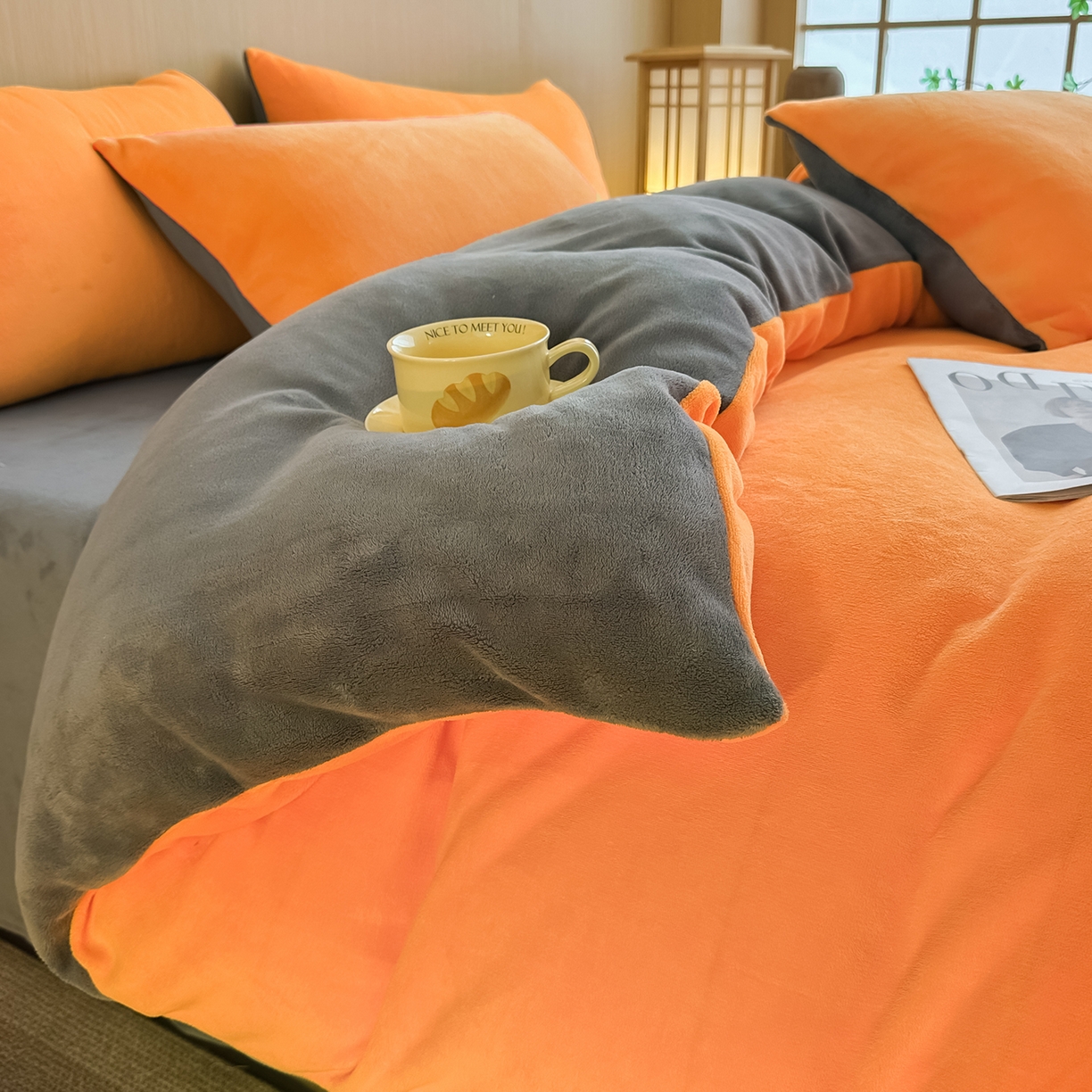 91家纺网 家纺一手货源 找家纺 小懒猪 2025新款220克A类牛奶绒纯色双拼四件套（提供买家秀） 橙灰