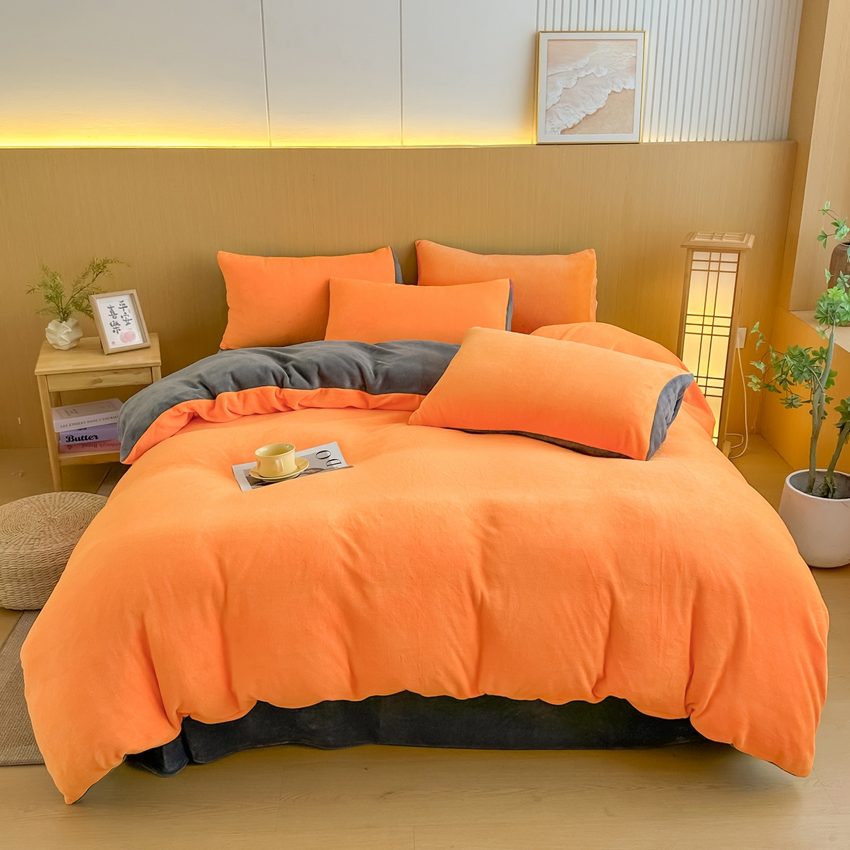 91家纺网 家纺一手货源 找家纺 小懒猪 2025新款220克A类牛奶绒纯色双拼四件套（提供买家秀） 橙灰