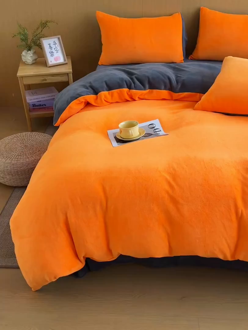 91家纺网 家纺一手货源 找家纺 小懒猪 2025新款220克A类牛奶绒纯色双拼四件套（提供买家秀） 橙灰
