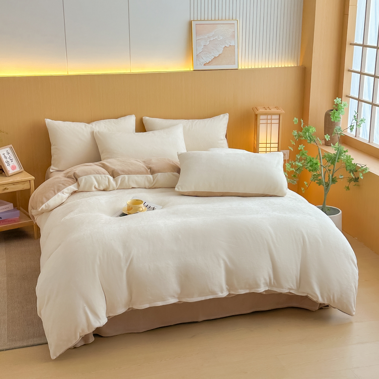 91家纺网 家纺一手货源 找家纺 小懒猪 2025新款220克A类牛奶绒纯色双拼四件套（提供买家秀） 奶白咖