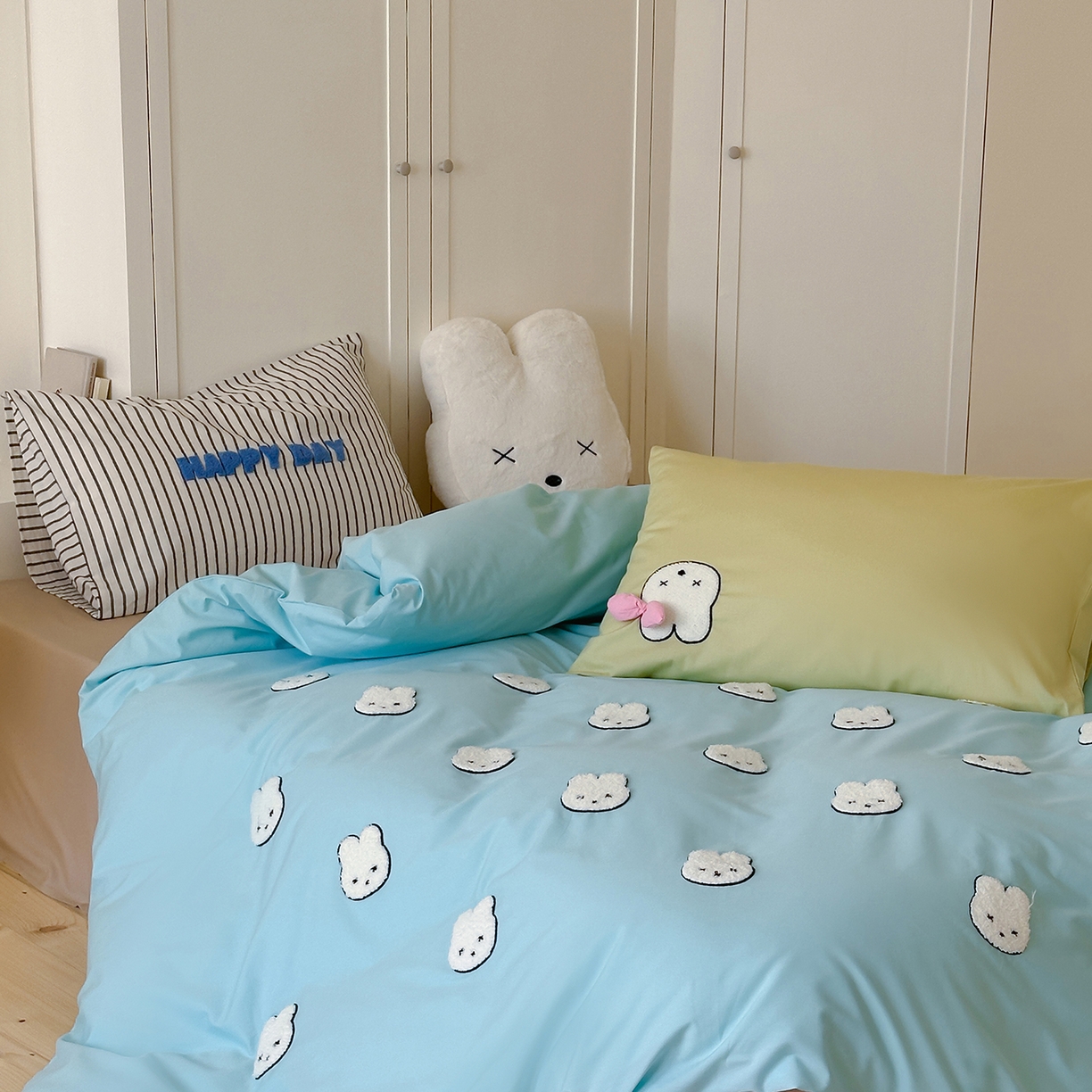 91家纺网 家纺一手货源 找家纺 桔子家纺 2025新款40支纯棉水洗棉happy系列四件套 happy兔