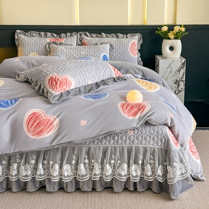 棉森家纺 2025新款亲肤舒适牛奶绒床盖四件套 心动-灰