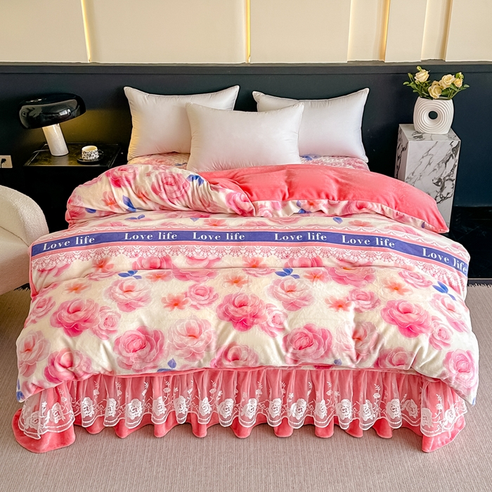 91家纺网 家纺一手货源 找家纺 棉森家纺 2025新款亲肤舒适牛奶绒床盖四件套 阳光玫瑰