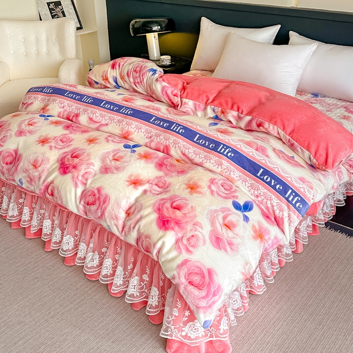 91家纺网 家纺一手货源 找家纺 棉森家纺 2025新款亲肤舒适牛奶绒床盖四件套 阳光玫瑰