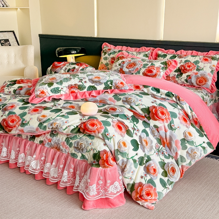 91家纺网 家纺一手货源 找家纺 棉森家纺 2025新款亲肤舒适牛奶绒床盖四件套 花语梦