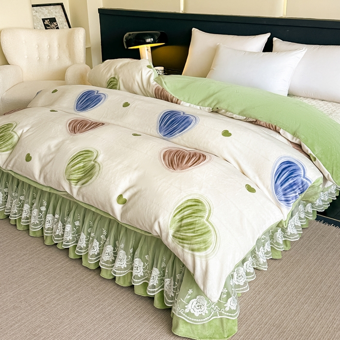 91家纺网 家纺一手货源 找家纺 棉森家纺 2025新款亲肤舒适牛奶绒床盖四件套 心动-绿