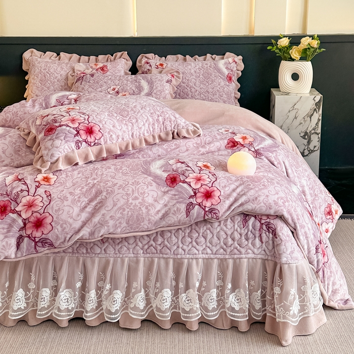 棉森家纺 2025新款亲肤舒适牛奶绒床盖四件套 紫色花影