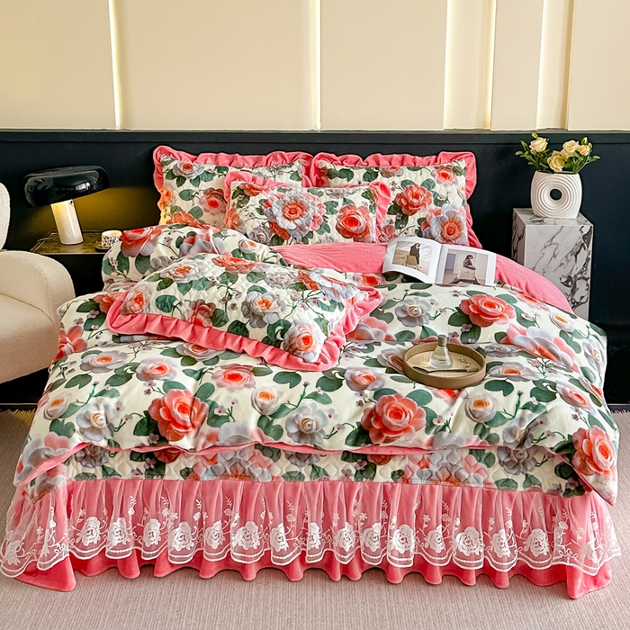 91家纺网 家纺一手货源 找家纺 棉森家纺 2025新款亲肤舒适牛奶绒床盖四件套 花语梦