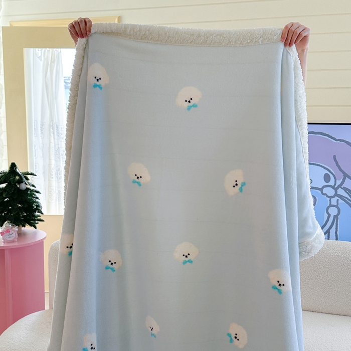 91家纺网 家纺一手货源 找家纺 Mata蔓塔家 2025新款A类秋冬可爱系牛奶绒羊羔绒多功能毛毯奶盖系列 奶盖-可爱狗头蓝