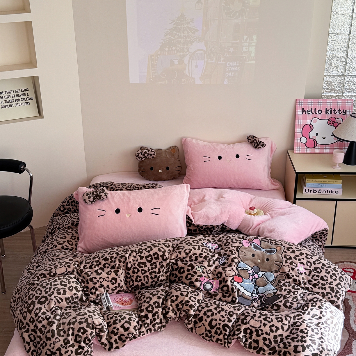 91家纺网 家纺一手货源 找家纺 柚子YOUTH 2025新款加厚牛奶绒四件套-豹纹黑皮KT 黑皮咖