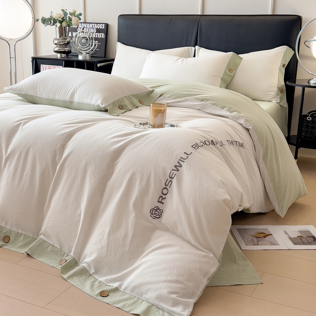 91家纺网 家纺一手货源 找家纺 芃成家纺 2025新款A类全棉色织水洗棉纽扣绣花四件套 纽扣款-白色拼浅绿