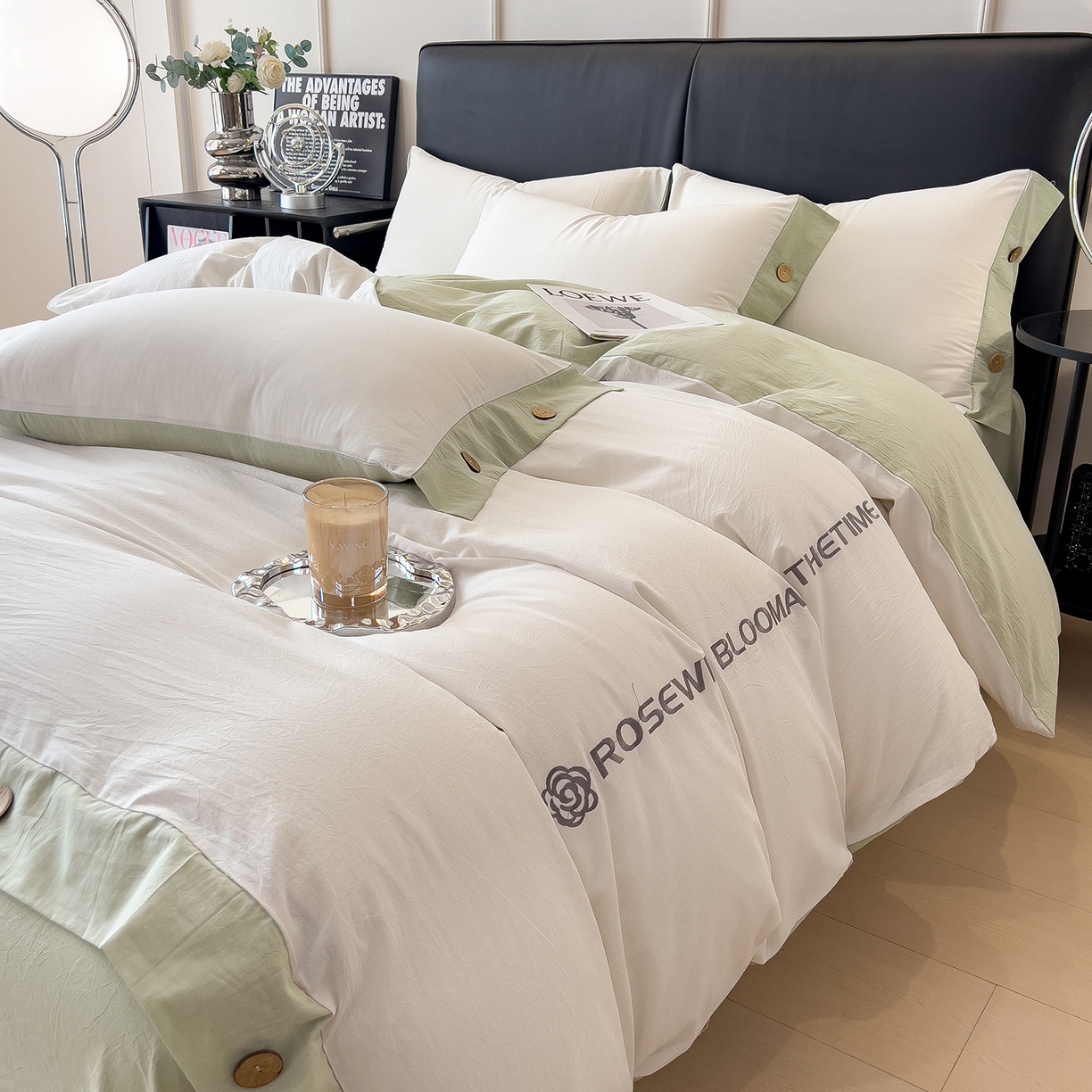 91家纺网 家纺一手货源 找家纺 芃成家纺 2025新款A类全棉色织水洗棉纽扣绣花四件套 纽扣款-白色拼浅绿