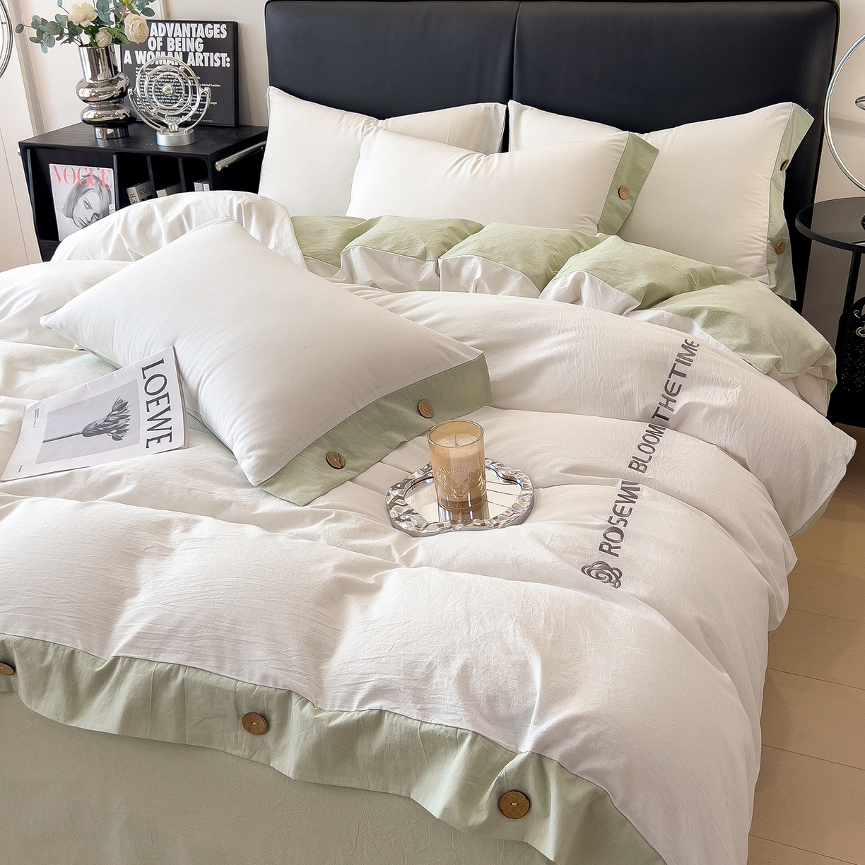 91家纺网 家纺一手货源 找家纺 芃成家纺 2025新款A类全棉色织水洗棉纽扣绣花四件套 纽扣款-白色拼浅绿