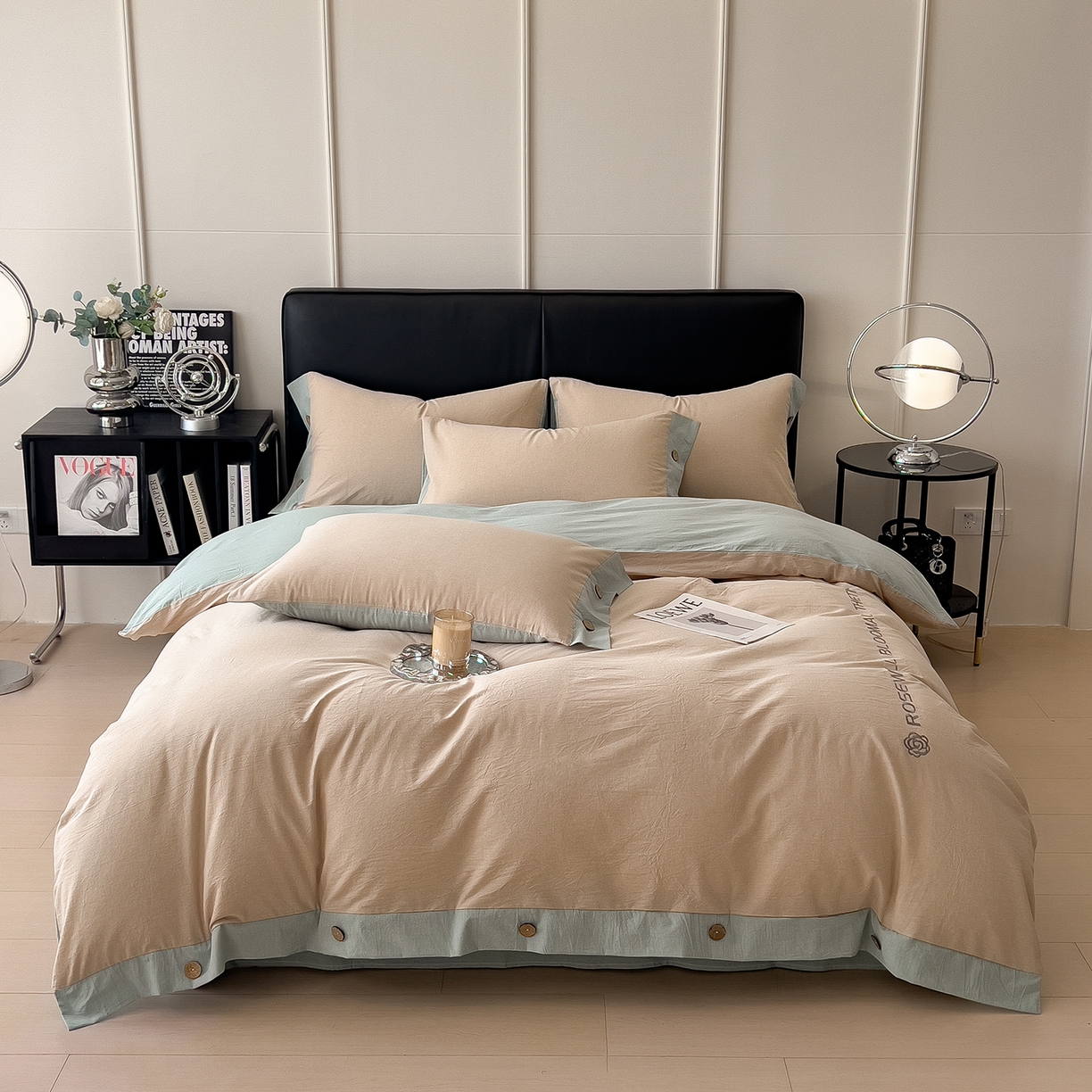 91家纺网 家纺一手货源 找家纺 芃成家纺 2025新款A类全棉色织水洗棉纽扣绣花四件套 纽扣款-卡其拼浅绿