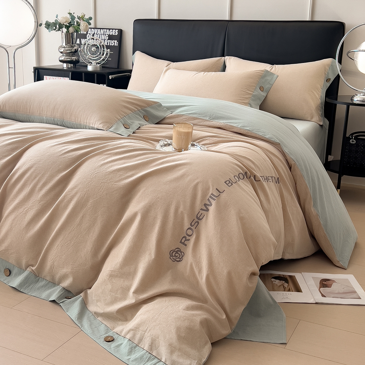 91家纺网 家纺一手货源 找家纺 芃成家纺 2025新款A类全棉色织水洗棉纽扣绣花四件套 纽扣款-卡其拼浅绿