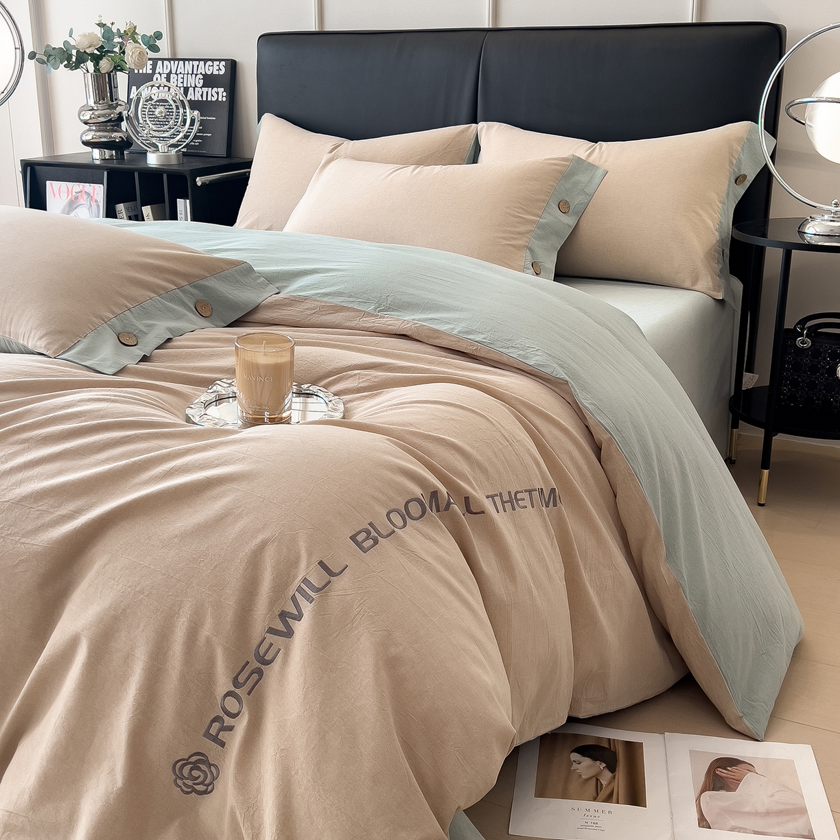 91家纺网 家纺一手货源 找家纺 芃成家纺 2025新款A类全棉色织水洗棉纽扣绣花四件套 纽扣款-卡其拼浅绿