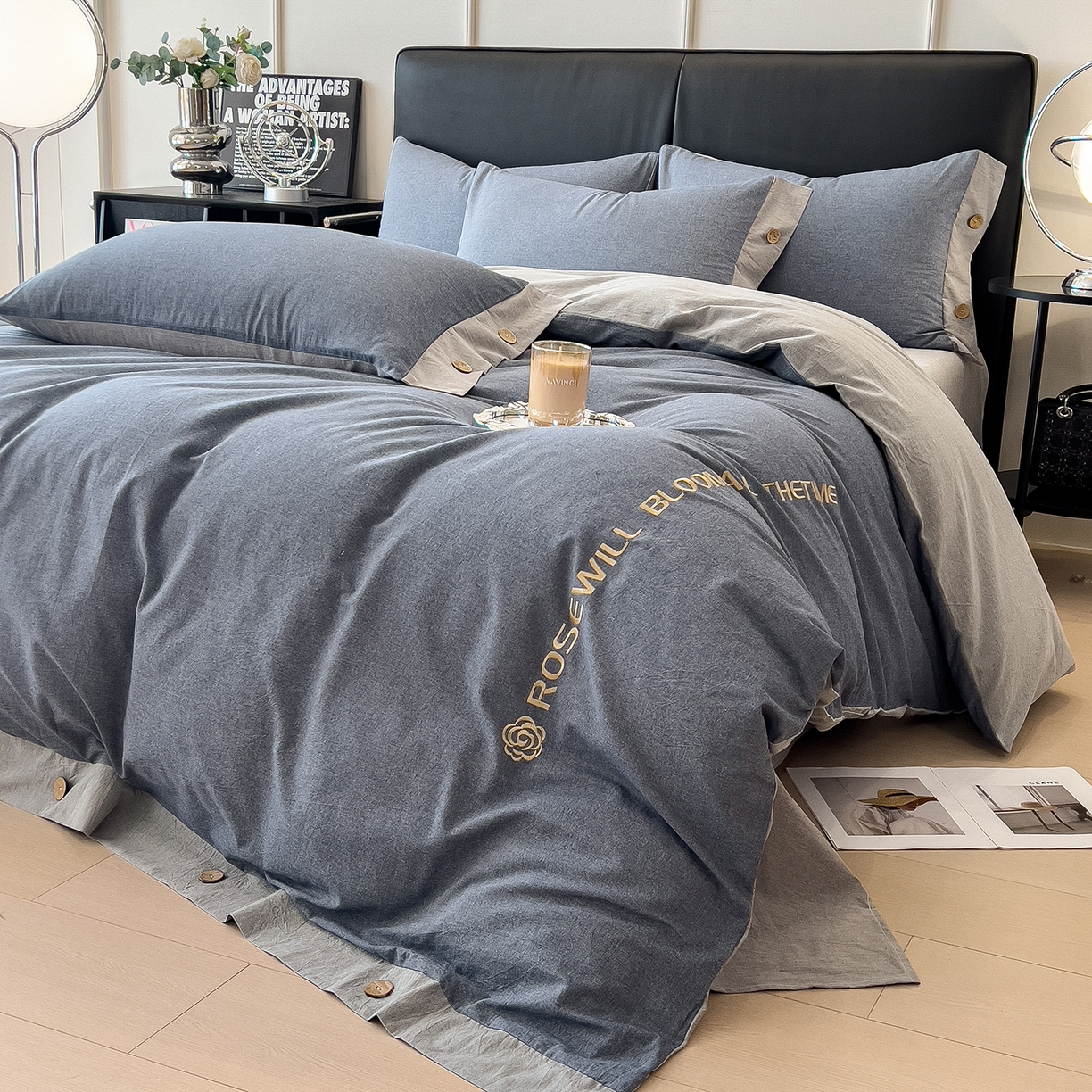 91家纺网 家纺一手货源 找家纺 芃成家纺 2025新款A类全棉色织水洗棉纽扣绣花四件套 纽扣款-蓝灰拼浅灰