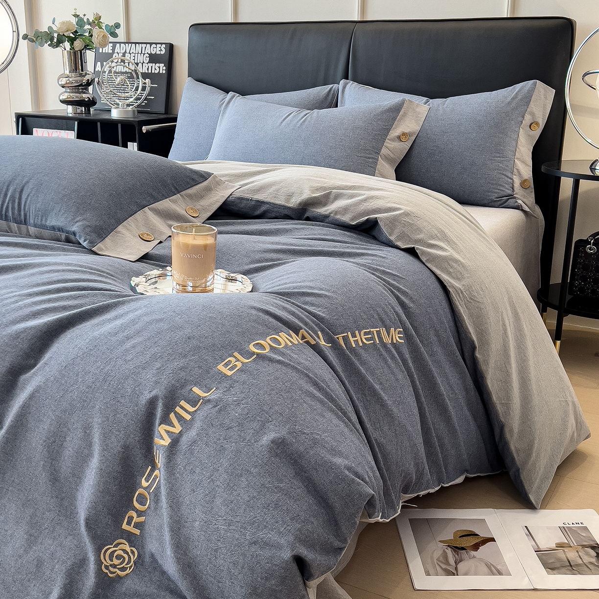 91家纺网 家纺一手货源 找家纺 芃成家纺 2025新款A类全棉色织水洗棉纽扣绣花四件套 纽扣款-蓝灰拼浅灰