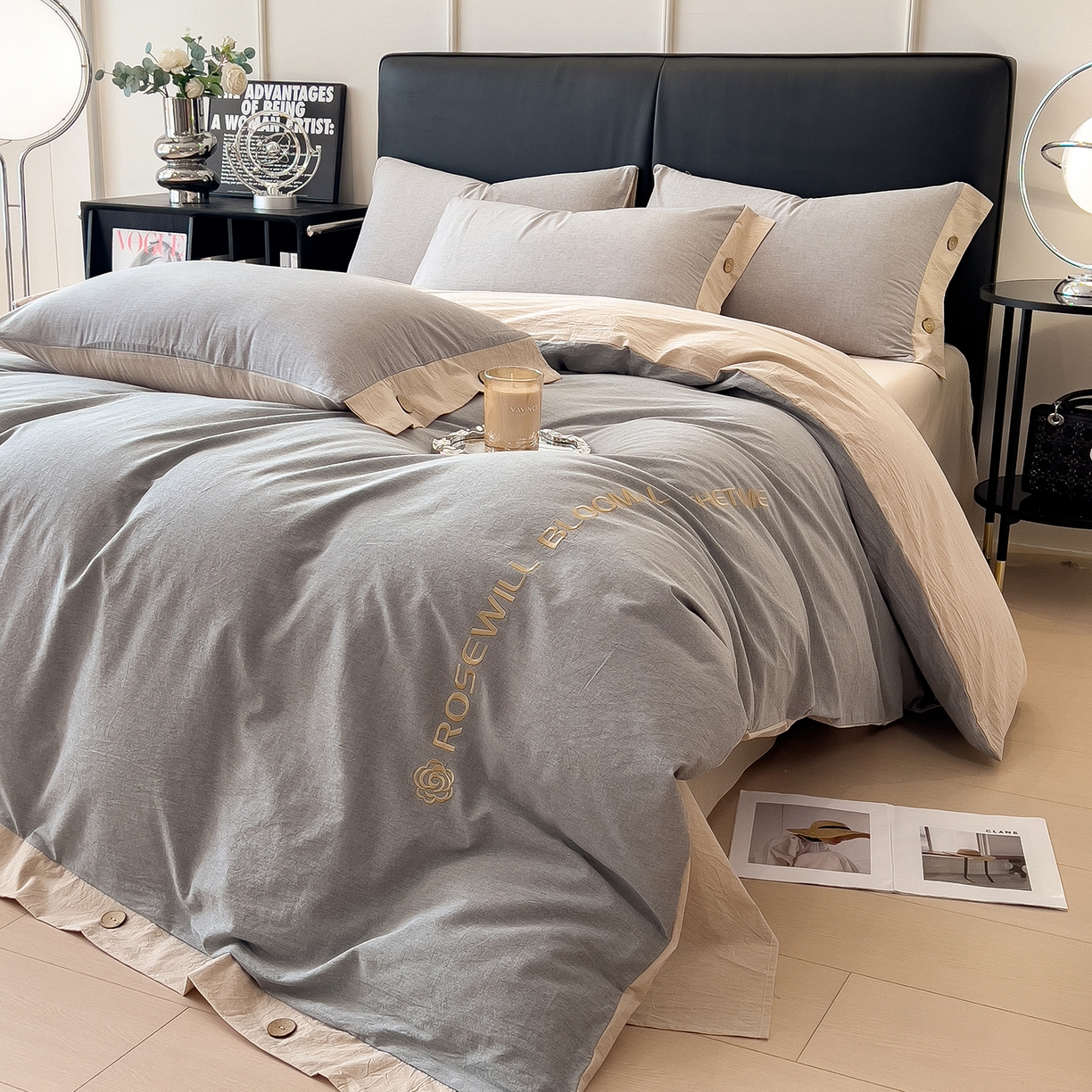 91家纺网 家纺一手货源 找家纺 芃成家纺 2025新款A类全棉色织水洗棉纽扣绣花四件套 纽扣款-浅灰拼卡其