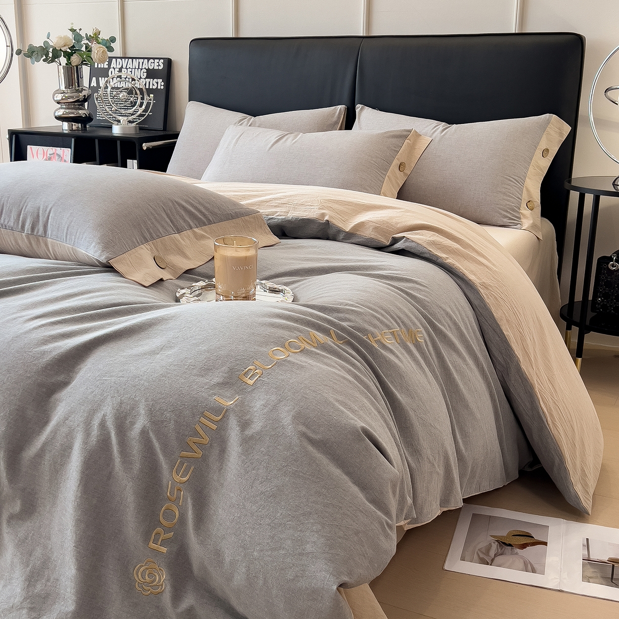 91家纺网 家纺一手货源 找家纺 芃成家纺 2025新款A类全棉色织水洗棉纽扣绣花四件套 纽扣款-浅灰拼卡其