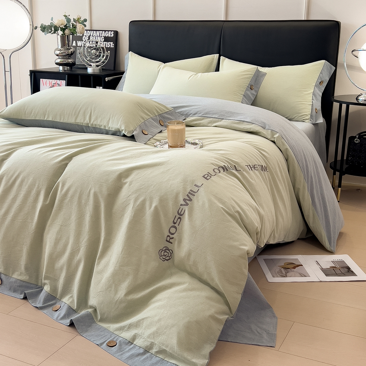 91家纺网 家纺一手货源 找家纺 芃成家纺 2025新款A类全棉色织水洗棉纽扣绣花四件套 纽扣款-浅绿拼浅灰