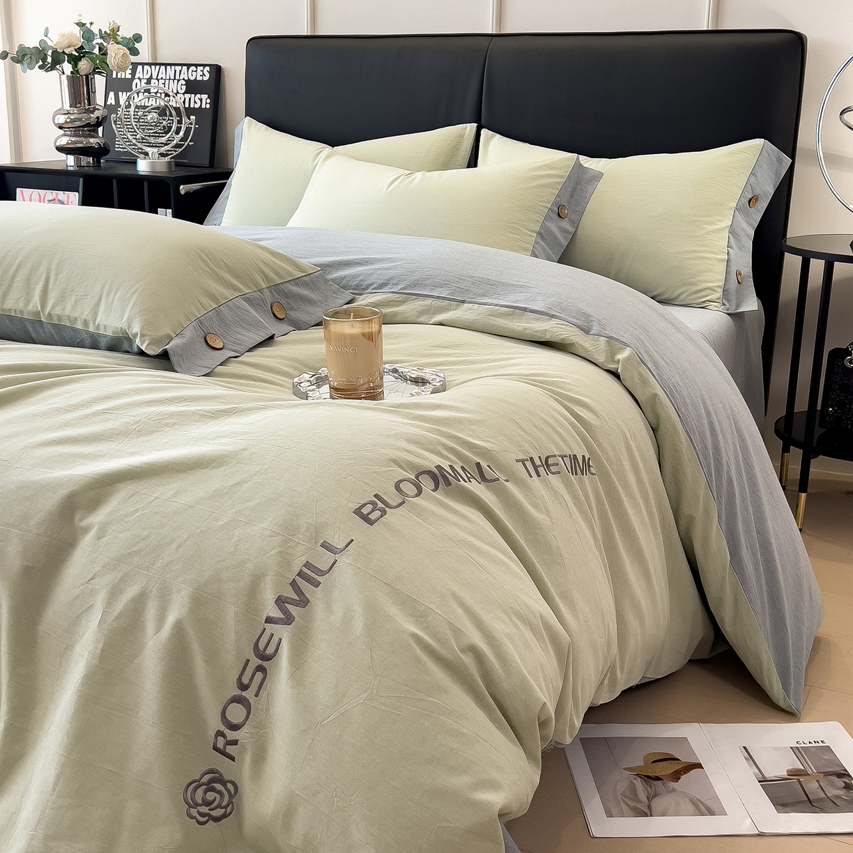 91家纺网 家纺一手货源 找家纺 芃成家纺 2025新款A类全棉色织水洗棉纽扣绣花四件套 纽扣款-浅绿拼浅灰