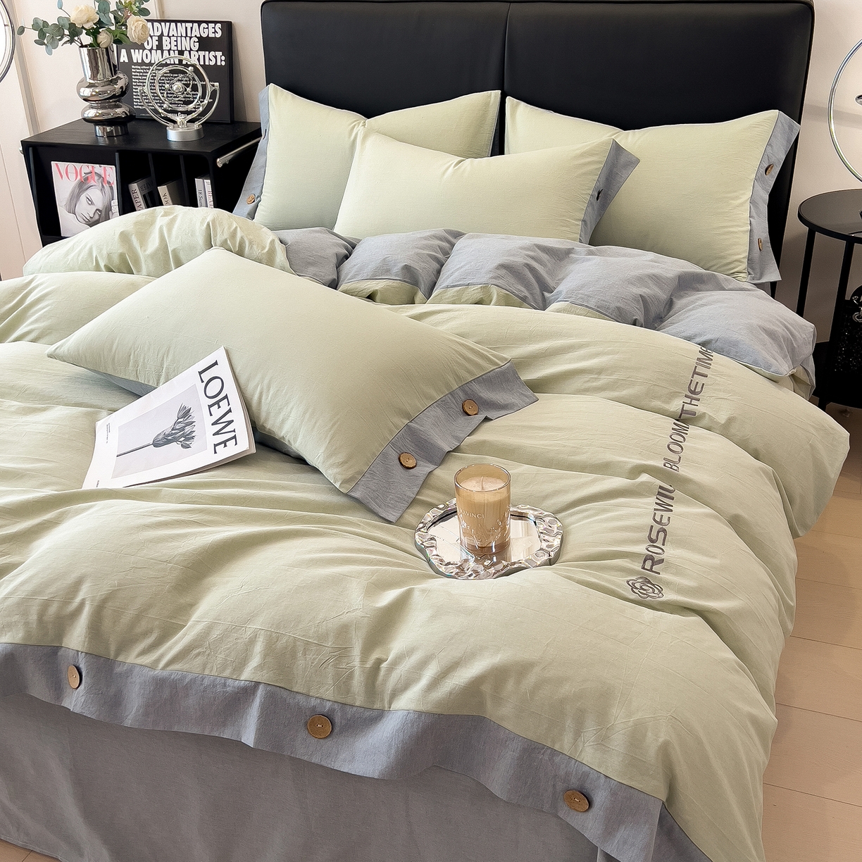 91家纺网 家纺一手货源 找家纺 芃成家纺 2025新款A类全棉色织水洗棉纽扣绣花四件套 纽扣款-浅绿拼浅灰