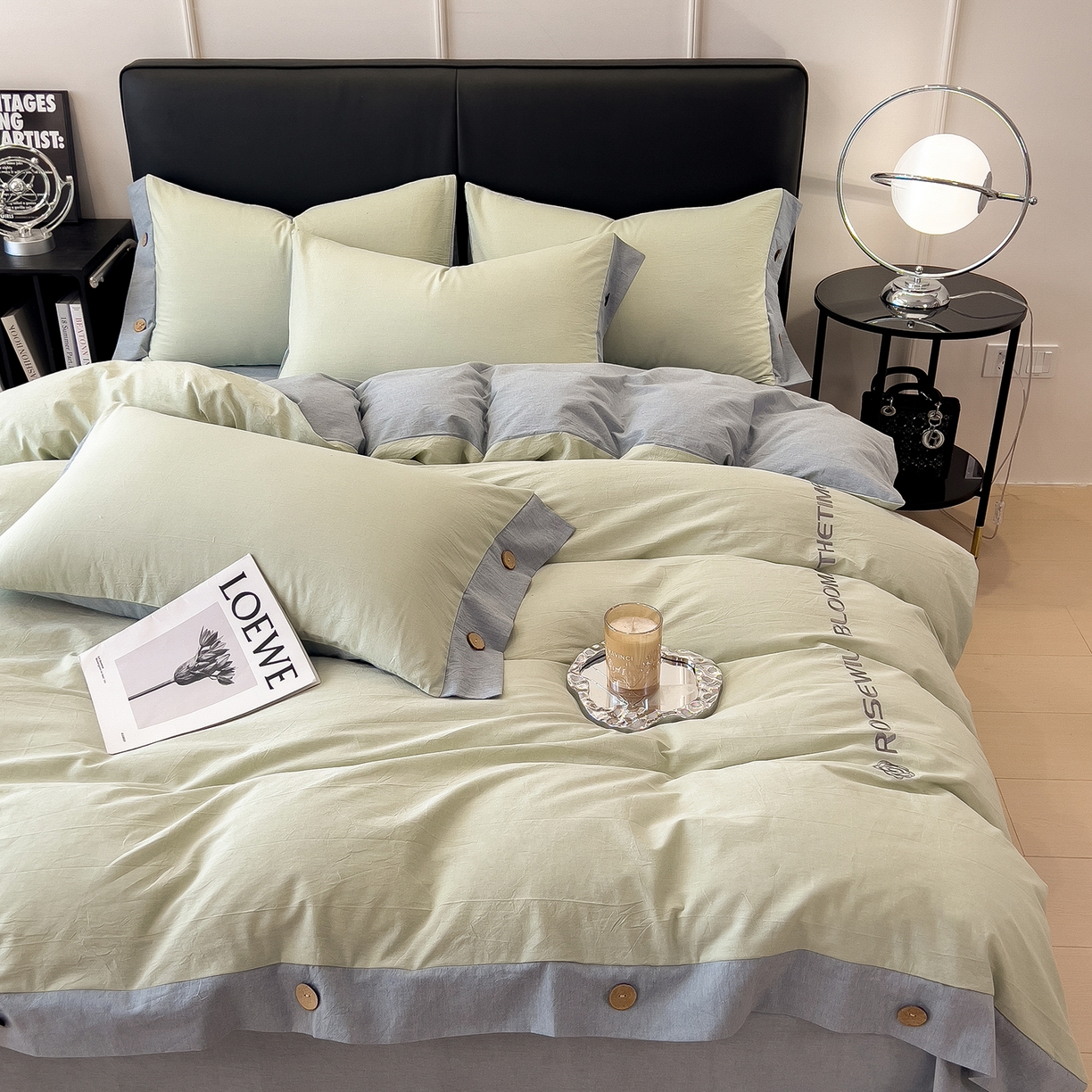 91家纺网 家纺一手货源 找家纺 芃成家纺 2025新款A类全棉色织水洗棉纽扣绣花四件套 纽扣款-浅绿拼浅灰