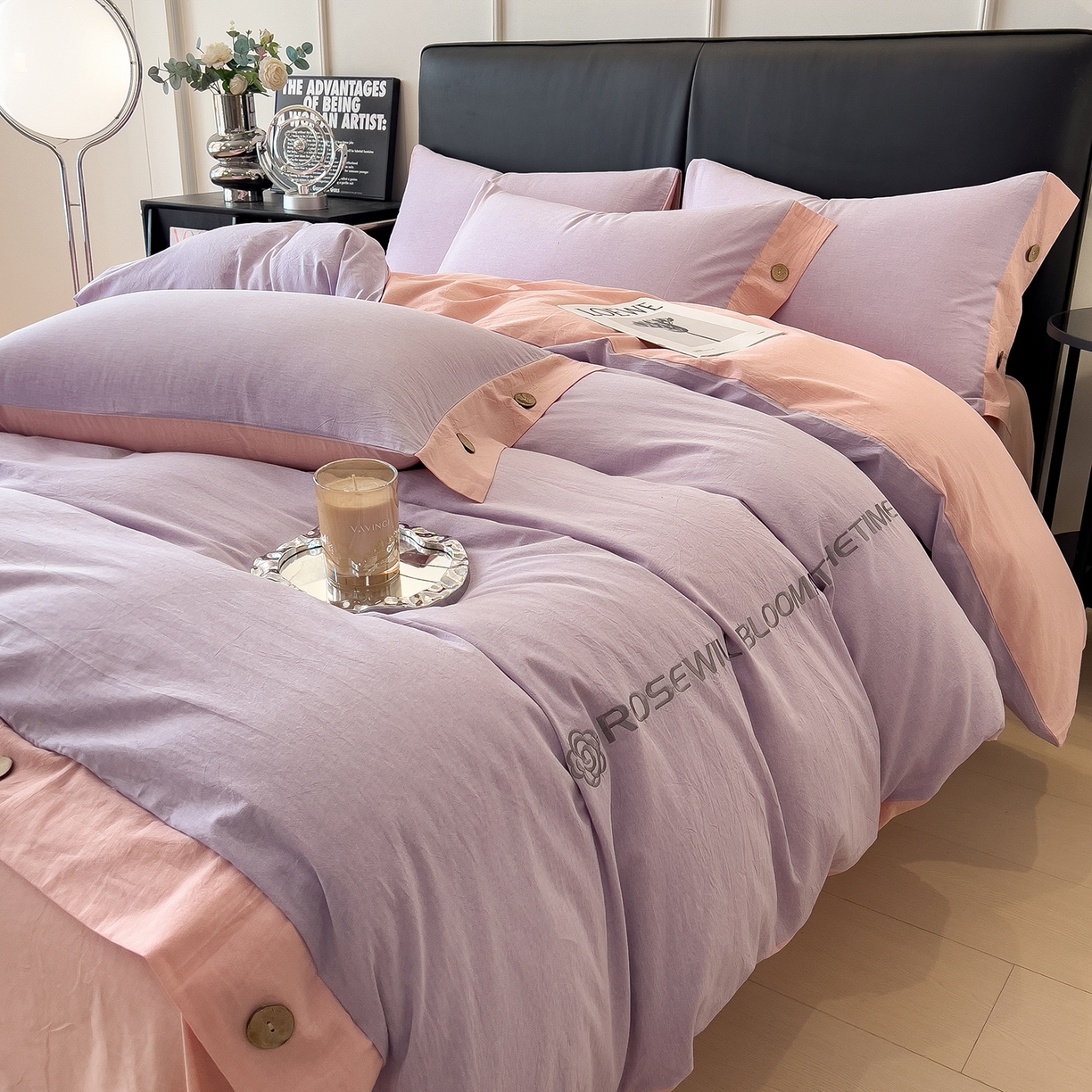 91家纺网 家纺一手货源 找家纺 芃成家纺 2025新款A类全棉色织水洗棉纽扣绣花四件套 纽扣款-浅紫拼浅粉