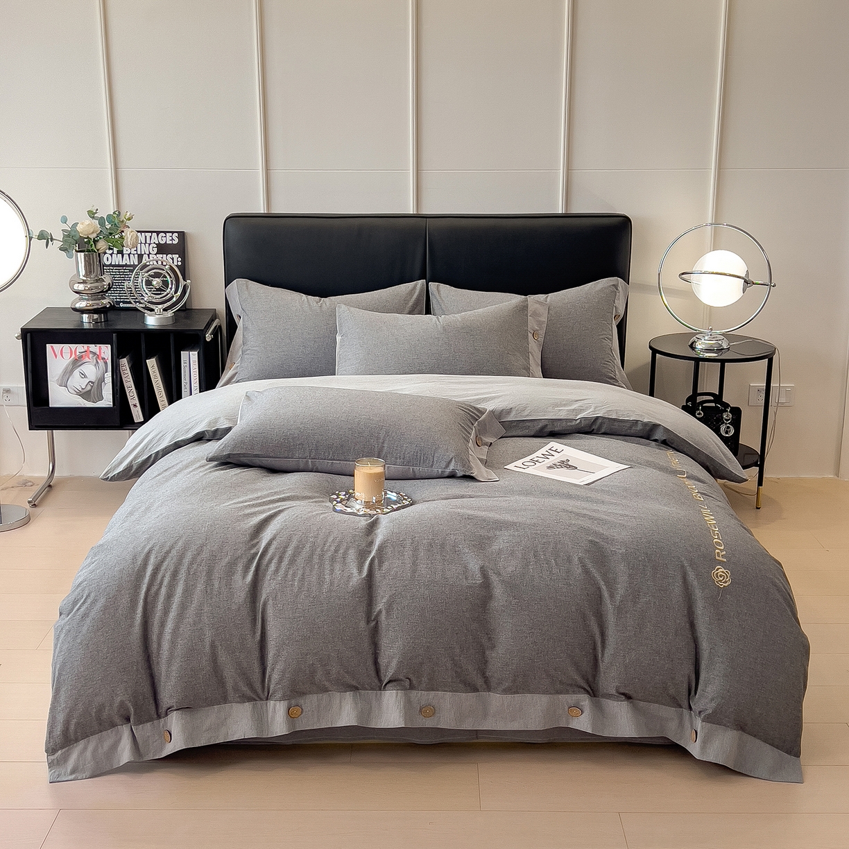 91家纺网 家纺一手货源 找家纺 芃成家纺 2025新款A类全棉色织水洗棉纽扣绣花四件套 纽扣款-深灰拼浅灰