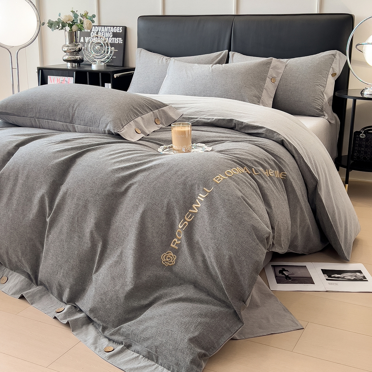 91家纺网 家纺一手货源 找家纺 芃成家纺 2025新款A类全棉色织水洗棉纽扣绣花四件套 纽扣款-深灰拼浅灰